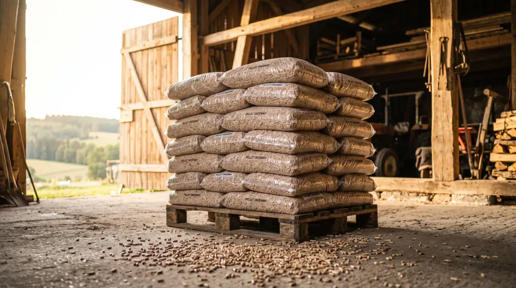 Pellet drzewny w workach na palecie
